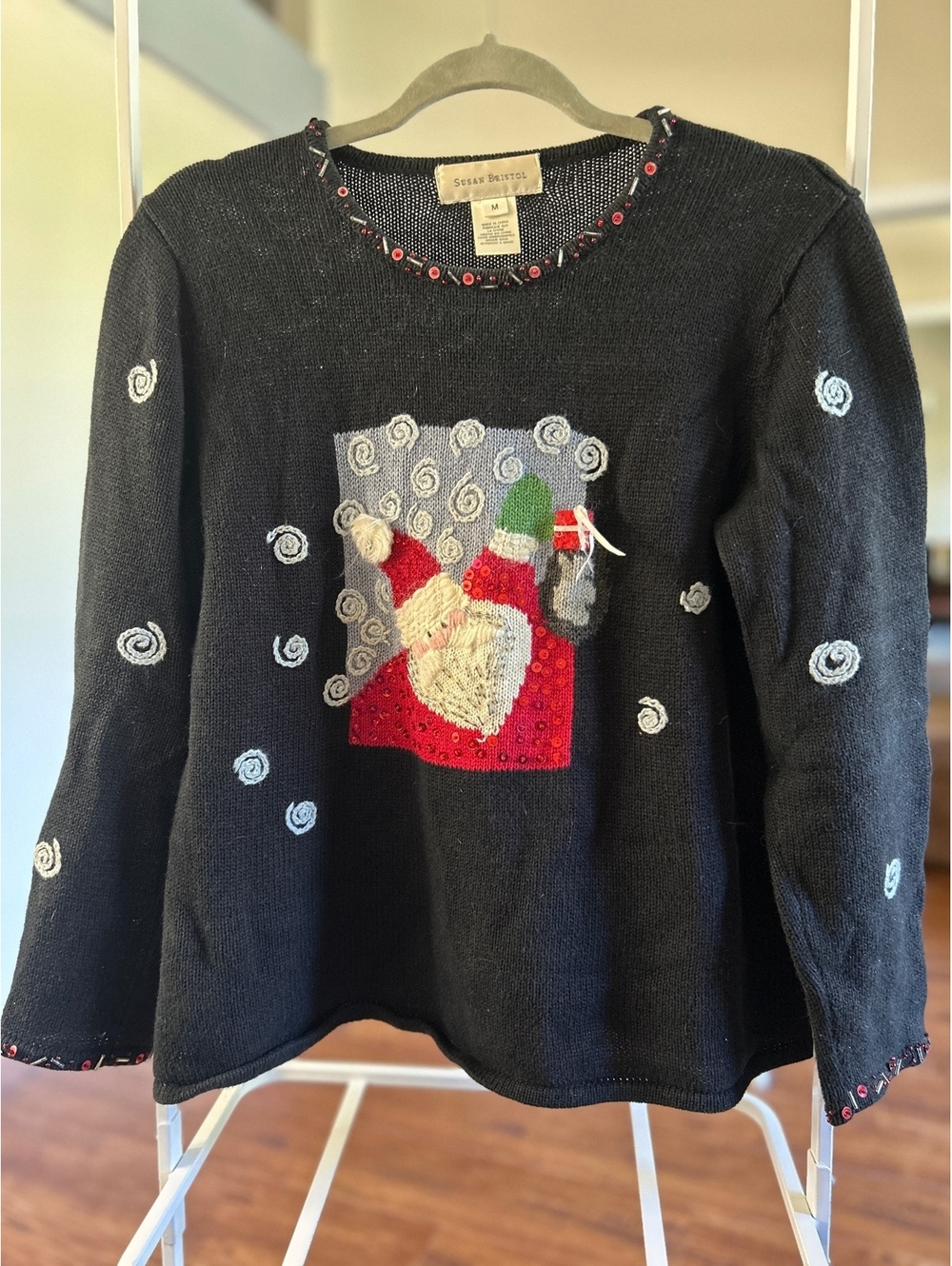 Susan Bristol Medium Black Christmas Sweater with Embroidered Santa and Beaded C